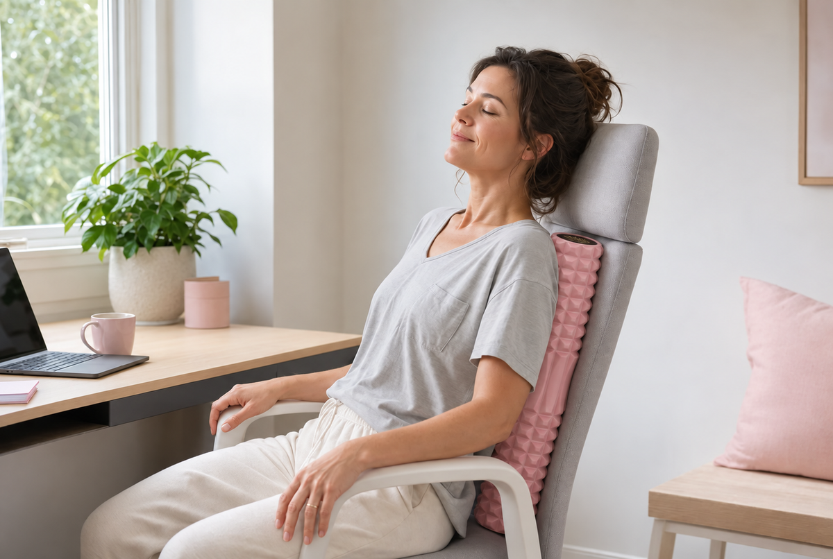 Femme assise à son bureau qui détend son dos avec le rouleau TriggeRoll calé contre sa chaise