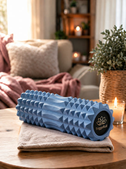 Rouleau de massage TriggeRoll bleu posé sur une table dans un salon