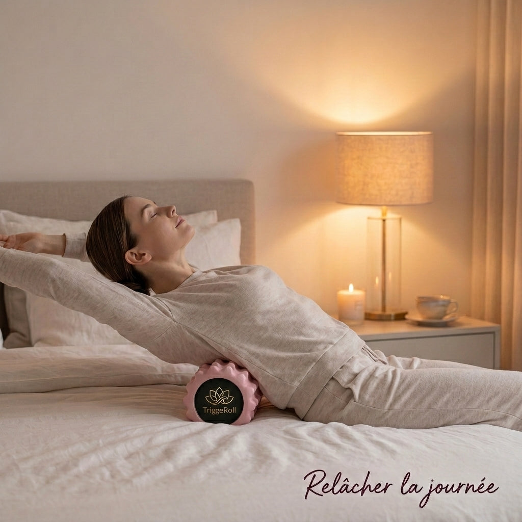 Femme allongée sur son lit qui étire son dos sur le rouleau TriggeRoll le soir
