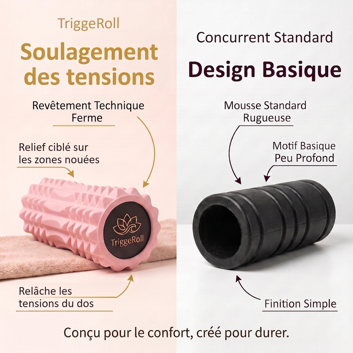 Comparatif entre le rouleau de massage TriggeRoll rose et un rouleau standard noir
